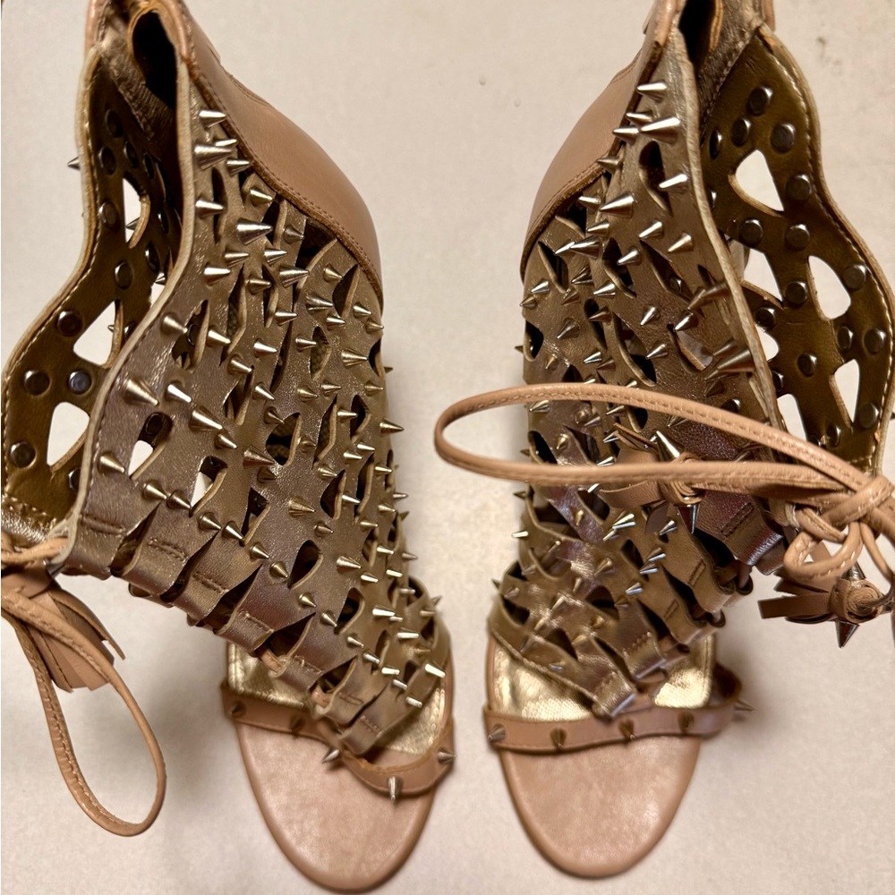 Sam Edelman Tan Intricate spikes high Heeled Shoes w/Ankle Straps & tassels
